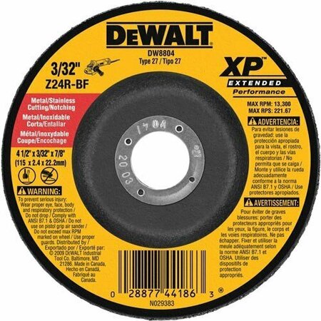 DEWALT Bonded Abrasive, 4-1/2in. x 3/32in. x 7/8in. Zirconia Abrasive DW8804